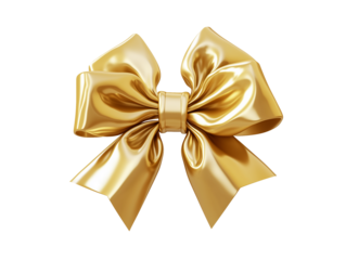  A lustrous gold bow with soft folds and pointed tails is presented on a transparent background.