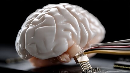 A 3D rendering of a stock hardware concept featuring a glowing blue brain circuit on a microchip located on a computer motherboard, used for big data processing, AI trading, and machine learning, set