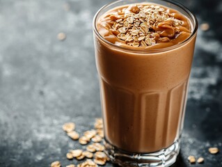 A high-protein peanut butter smoothie with a thick texture, served in a tall glass with oats sprinkled on top.