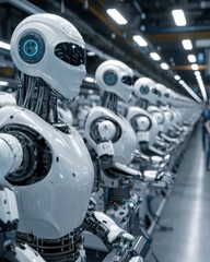 Fototapeta premium An array of advanced humanoid robots lined up in a modern automated manufacturing facility showcasing the potential of intelligence and robotic technology in industrial production