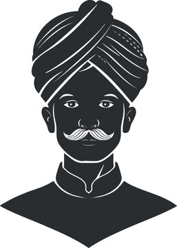 recommend clip art: Stylized silhouette illustration of a man wearing a traditional turban and mustache, in monochrome.