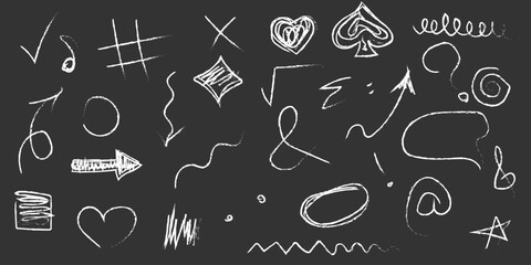 Arrow line chalk hand drawn brush vector set. Grunge square, spiral, arrow element scribble line brush hand drawn sketch design. Grunge abstract chalk, crayon pencil style. Vector illustration.