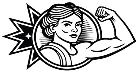 Vector illustration of a young, beautiful girl in gym attire confidently showing her bicep. Perfect for fitness, empowerment, and strength-related designs.