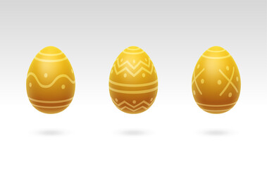 Golden eggs. Easter egg. Symbol of the Easter holiday. Egg icon. Holiday sign. Food. Realistic chicken egg. Eggs with patterns. Breakfast. Protein. Chicken farm. Healthy food. 3D art. Silhouette. 