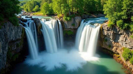 Obraz premium Cascade du Ray Pic in France with mild, sunny summer conditions, viewed from above at midday.