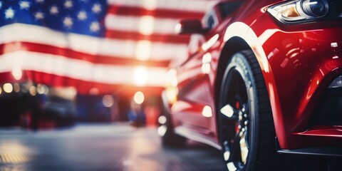 Close up red car on the background of the American flag.