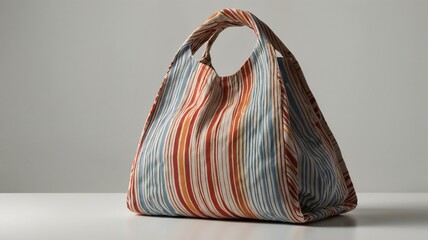 Striped cotton tote bag in red, blue, and orange, with copy space.