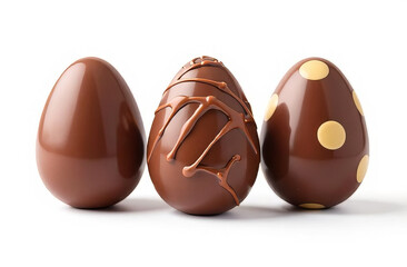 Three Chocolate eggs with various chocolate patterns on a white background. Easter egg.