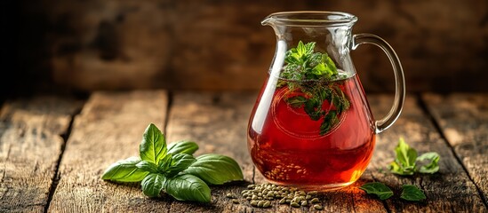 A glass jug of Rooh Afza syrup with a swirl of mint leaves and basil seeds, set against a rustic wooden background.