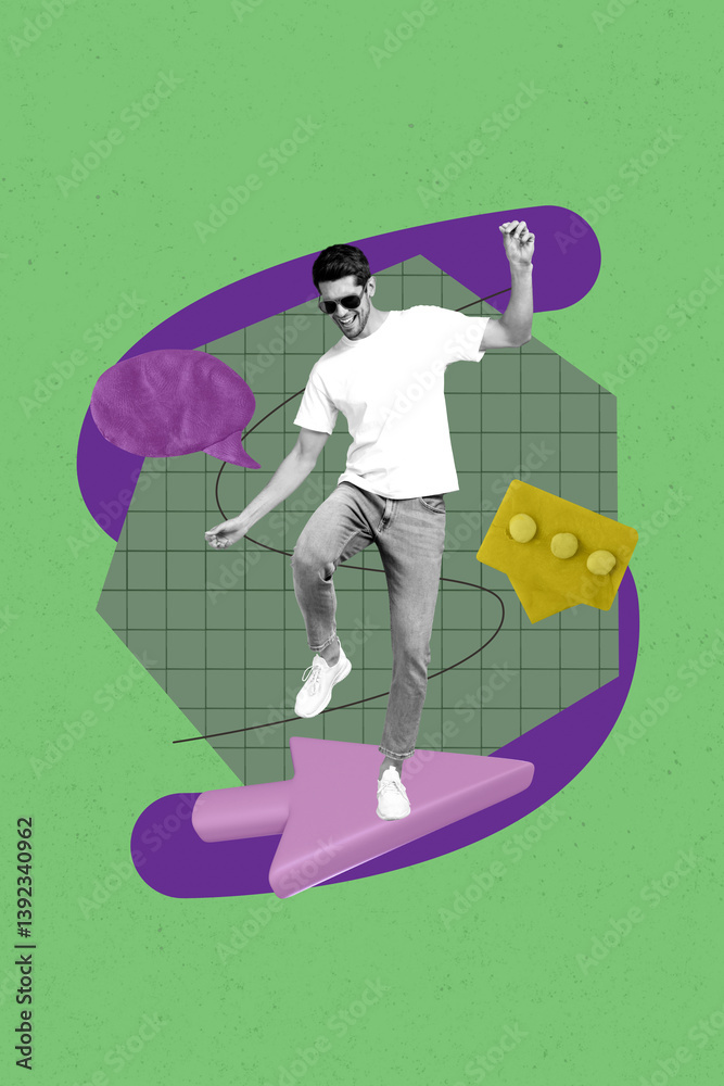 Poster creative collage of person stand cursor speech bubble on green color background
