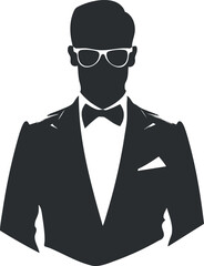 Silhouette of a man in a suit with glasses and a bowtie, illustrating formal elegance.