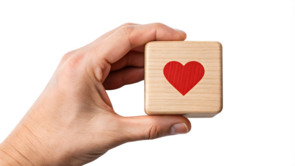 hand holding a heart icon on wooden block