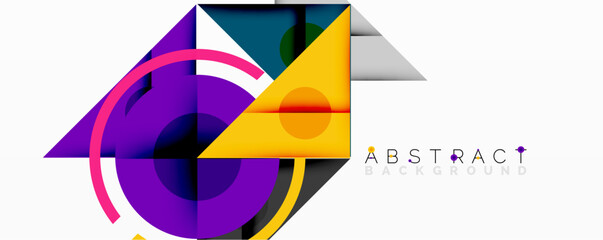 Bright shapes overlap. Purple, yellow, dark blue create modern design. Geometry, color, abstraction define visual composition.