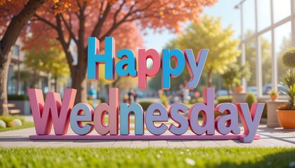 Happy Wednesday Colorful Greeting in Outdoor Urban Setting on Lawn