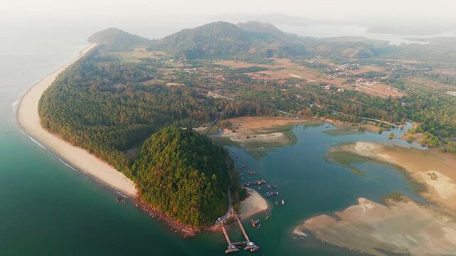 Drone scenic aerial footage of Thailand Laem Son National Park, White sand beach in Tropical forest