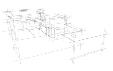 Futuristic Architectural Wireframe. Abstract Modern Building Design in Digital Sketch Style