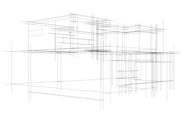 Futuristic Architectural Wireframe. Abstract Modern Building Design in Digital Sketch Style