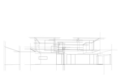 Futuristic Architectural Wireframe. Abstract Modern Building Design in Digital Sketch Style