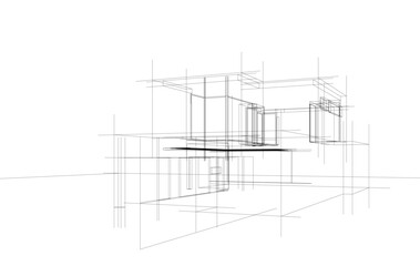 Futuristic Architectural Wireframe. Abstract Modern Building Design in Digital Sketch Style