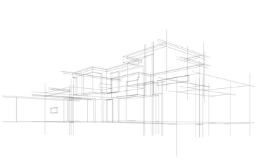 Futuristic Architectural Wireframe. Abstract Modern Building Design in Digital Sketch Style