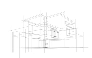 Futuristic Architectural Wireframe. Abstract Modern Building Design in Digital Sketch Style