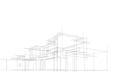 Futuristic Architectural Wireframe. Abstract Modern Building Design in Digital Sketch Style