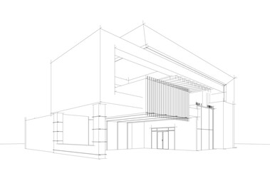 Futuristic Architectural Wireframe. Abstract Modern Building Design in Digital Sketch Style