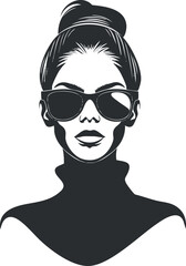 Stylized black and white silhouette of a fashionable woman wearing sunglasses and a turtleneck.