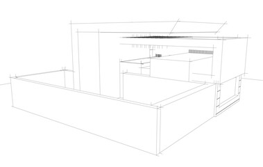 Futuristic Architectural Wireframe. Abstract Modern Building Design in Digital Sketch Style
