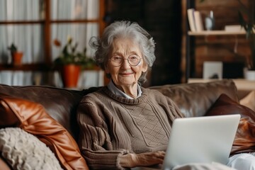 Senior woman is using a laptop at home. Home modern light interior.