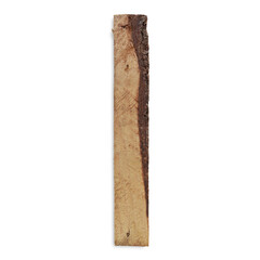 A vertical piece of wood with a rough texture, showcasing natural patterns and colors.