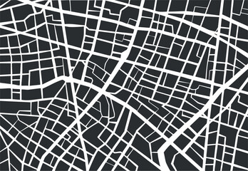 Abstract map pattern showing a complex urban street grid in black and white.