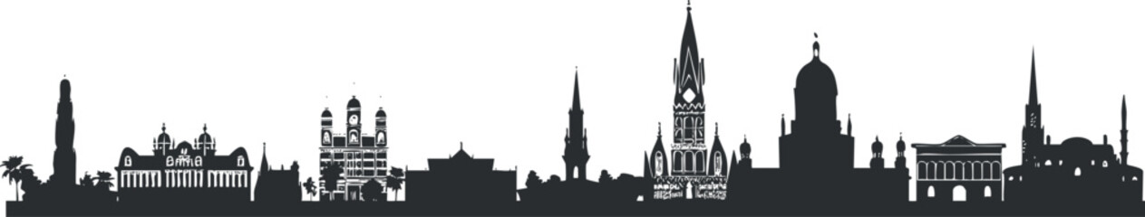 Obraz premium Silhouette illustration of a city skyline featuring iconic buildings and landmarks in black and white.