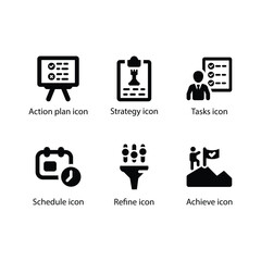Action plan, Strategy, Tasks, Schedule, Refine, Achieve, Black Icon Set