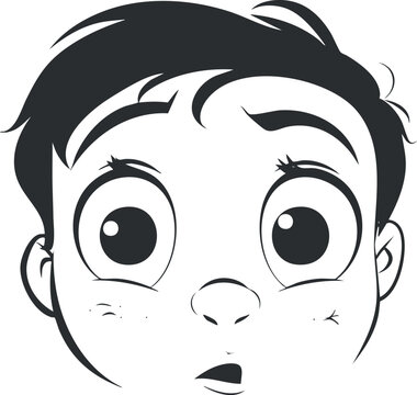 recommend clip art: Black and white cartoon illustration of a surprised child's face with wide eyes and open mouth.
