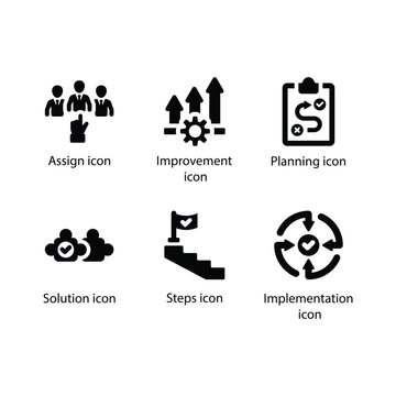 Assign, Improvement, Planning, Solution, Steps, Implementation, Black Icon Set