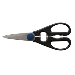 A pair of black-handled scissors with a blue button, designed for cutting various materials.