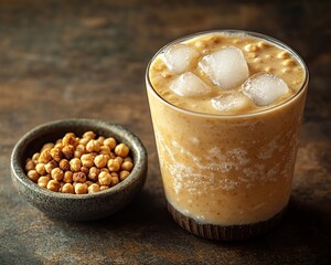 A frosty sattu protein shake with floating ice cubes and roasted chickpea flour in a small bowl beside it.