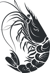 Black and white stylized shrimp illustration showcasing intricate line art and marine design.