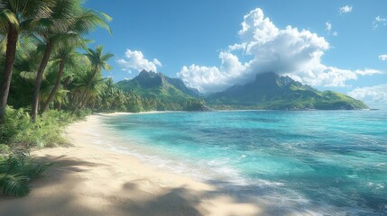 Tropical Beachfront Paradise View With Emerald Ocean Blue Sky and Palm Trees