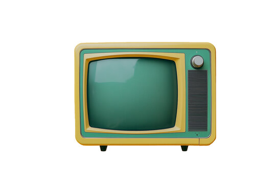 Classic retro TV set with a curved green screen and bold yellow casing, isolated on transparent background, evoking nostalgia and vintage design aesthetics.