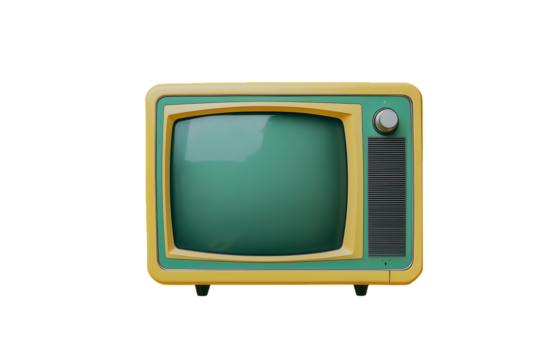 Classic retro TV set with a curved green screen and bold yellow casing, isolated on transparent background, evoking nostalgia and vintage design aesthetics.