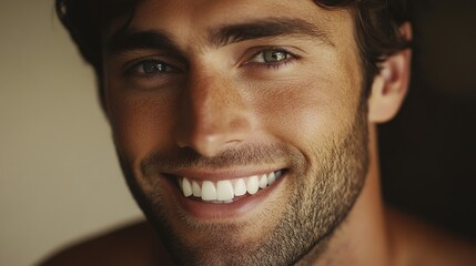 Fototapeta premium High-definition close-up of a smiling man with warm natural lighting, detailed skin texture, bright whites of eyes, realistic skin pores, soft shadows