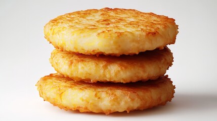 Stack of Crispy Fried Potato Cakes or Hash Browns on White
