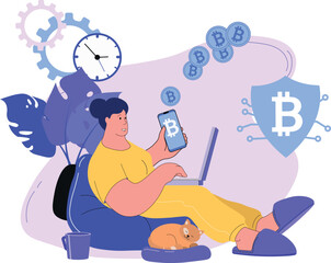 Cryptocurrency transactions, bitcoin, electronic money investment. Woman working on laptop, vector illustration digital currency payment