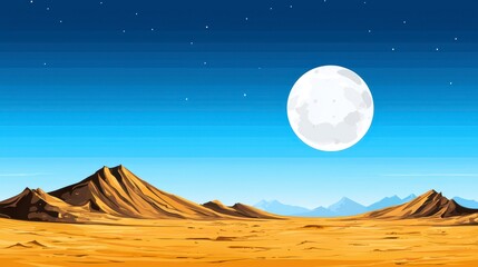 Pixel Art Desert Night Landscape with Full Moon