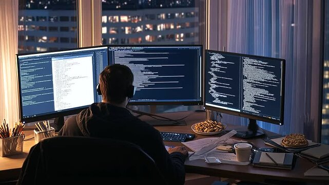 Tech-savvy freelancer debugging code in home office late at night