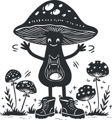 Whimsical cartoon mushroom character in boots, smiling amidst forest scenery in black and white.