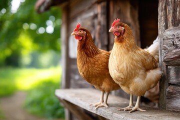 Two brown hens on wooden coop perch, green field background, farm life image