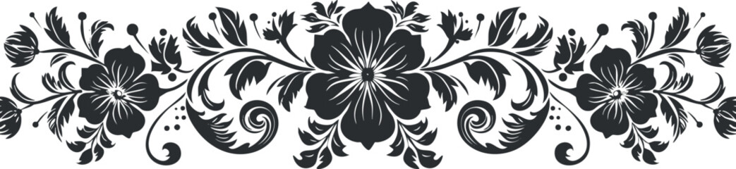Elegant black and white floral ornament design with intricate symmetrical patterns and vintage motifs.